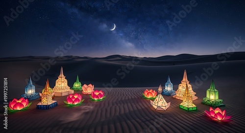Luminous Traditional Lanterns and Stupas on Sand Dunes Under a Starry Milky Way Night Sky
