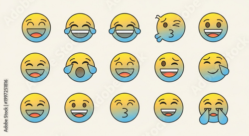 Collection of laughing crying happy face emojis with tears of joy on a beige background