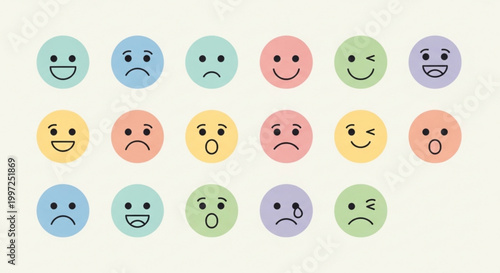 Collection of various colorful emoticon faces expressing different emotions on neutral background