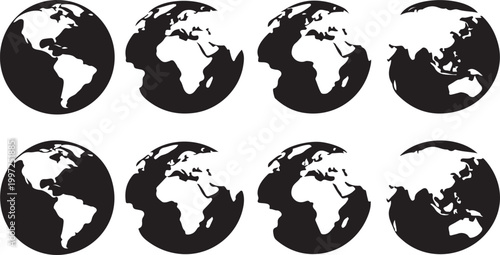 Set of eight black silhouette earth globes with continents on transparent background.