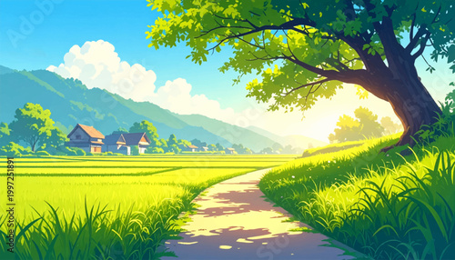 Sunlit mountain rice path with homes and green fields. Morning farmland trail below hills and glowing tree shade. Fresh rural valley scenery for wellness nature branding