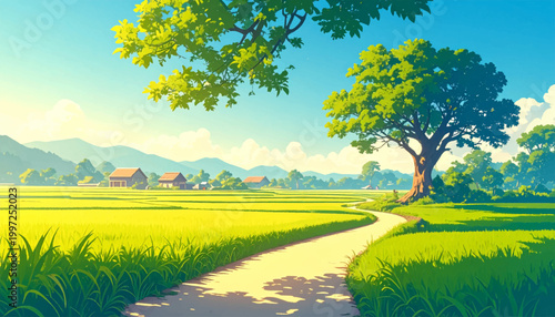 Wide farm road with canopy tree and distant village. Bright paddy landscape with open sky and green crops. Spacious countryside background for agriculture marketing