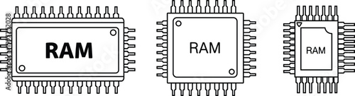 RAM Chip Icon Set in Outline Style Vector Illustration for Computer Memory, Hardware Components, Technology Design, and Digital Electronics Graphics
