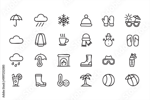 Minimal weather line icons with sun cloud rain snow and temperature