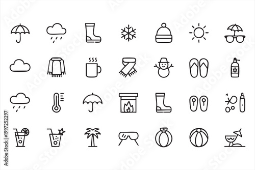 Weather outline icons for sun rain snow and climate forecast