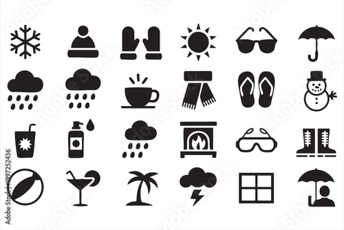 Minimal weather icons with sun cloud rain snow and temperature