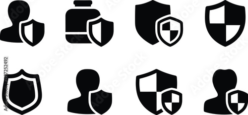 Black and white security icons people and shields representing protection and safety