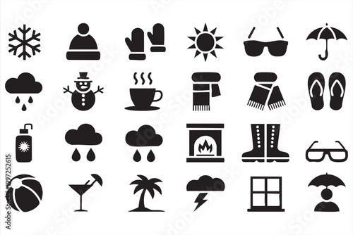 Weather and season icons for sun rain snow and climate forecast