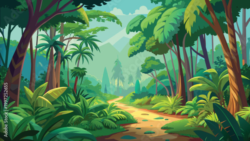 Beautiful lush tropical jungle landscape with a dirt path winding through green trees and dense plants in nature scene Vector