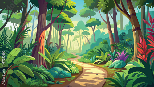 A colorful tropical forest landscape illustration with a dirt path winding through lush green trees and exotic plants Vector