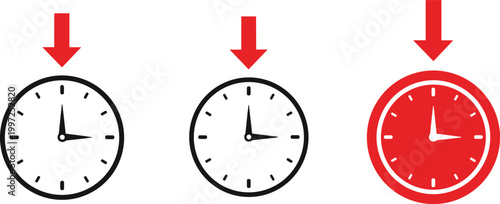 Clock Icon Set with Down Arrow in Flat and Outline Style Vector Illustration for Time Management, Deadline Reminder, Countdown, and Scheduling Design