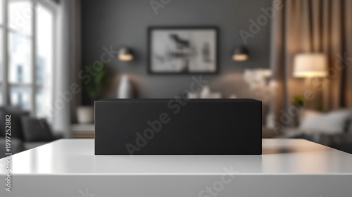 Black box on white table in blurry living room, for product mockup or retail ad