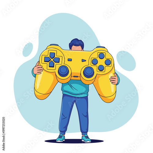 Man holding a giant yellow gamepad, symbolizing video game entertainment, digital leisure, and interactive gaming experiences.