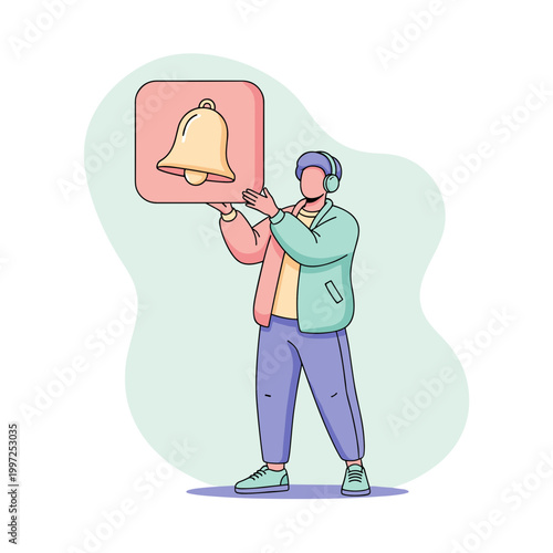 Man holding a notification bell icon, illustrating alerts, reminders, social media communication, and important updates.