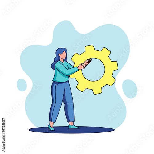 Woman holding a large yellow gear or cogwheel, representing settings, mechanism, process, innovation, and industrial solutions.