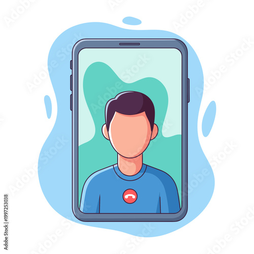 Smartphone displaying a video call with a man's face, depicting online communication, virtual meetings, and remote interaction.