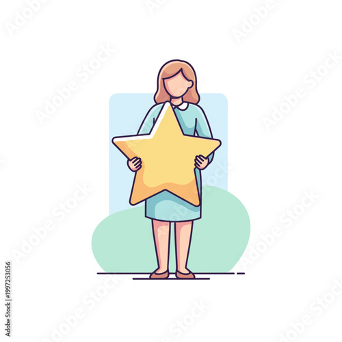 Woman holding a large yellow star, representing rating, feedback, quality, excellence, achievement, and customer satisfaction.