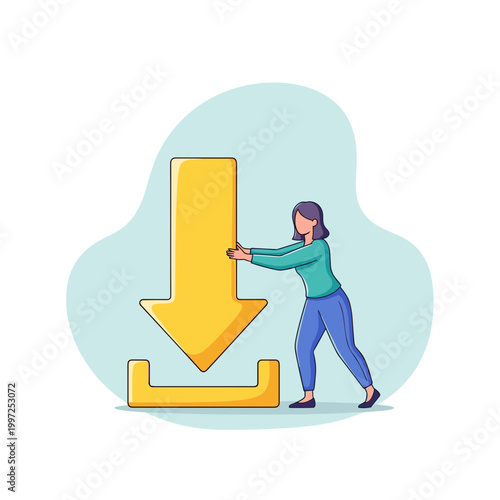 Woman pushing a large yellow download arrow, signifying data transfer, file acquisition, digital content, and internet downloads.