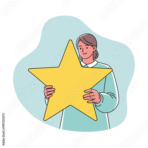 Woman holding a large yellow star, representing rating, feedback, quality, excellence, achievement, and customer review.