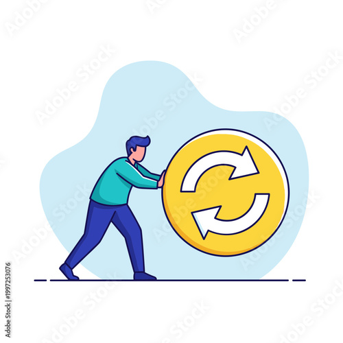 Man pushing a large yellow coin with refresh arrows, signifying update, reload, cycle, renewal, and continuous improvement.