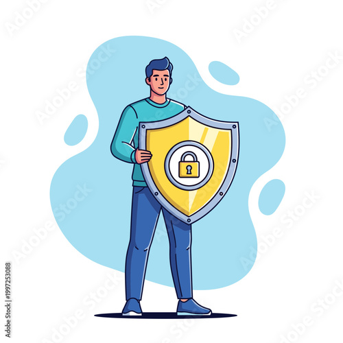 Man holding a large yellow shield with a padlock icon, representing security, protection, privacy, and data safety.