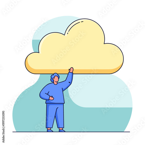 Man reaching up to a large yellow cloud icon, symbolizing cloud computing, data storage, online services, and internet technology.