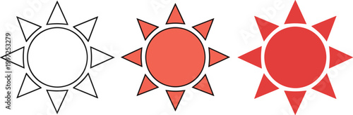 Sun Icon Set in Outline and Flat Style Vector Illustration for Weather Forecast, Summer Design, Climate Symbols, and Environmental Graphics