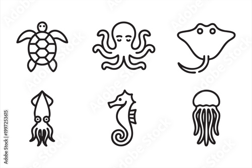 Sea animals icon collection for education and marine biology visuals