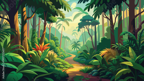 Beautiful tropical rainforest landscape with a winding dirt path through lush green trees and colorful exotic plants Vector