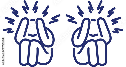 Migraine and Mental Stress Icon, Navy Blue Outline Character with Headache and Emotional Pressure, Anxiety and Burnout Symbol Isolated on White Vector