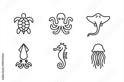 Ocean sea life icon set for aquatic wildlife and nature themes