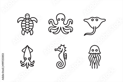 Marine animal icons with turtle octopus squid seahorse and jellyfish