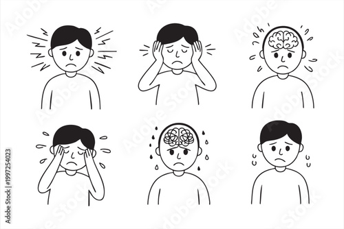 Child psychology symptom icons for stress depression and mental health awareness