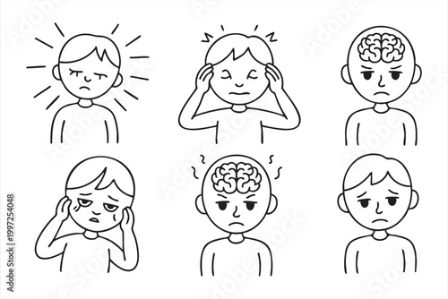 Mental health icons showing child stress anxiety headache and emotional distress