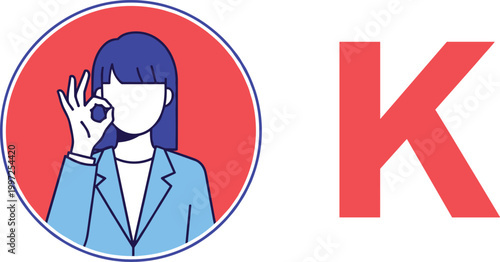 OK Hand Gesture Woman Avatar with Letter K Icon Vector Illustration in Flat Style for Approval, Confirmation, Feedback, and Communication Design