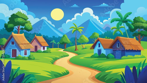 Colorful village landscape with small houses and a winding dirt path in a tropical valley under a bright sunny blue sky Vector