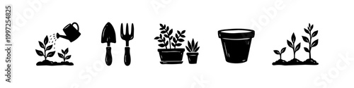 A collection of hand-drawn gardening silhouette icons featuring a watering can, hand tools, potted plants, and growing seedlings. Ideal for spring planting and horticulture themes.