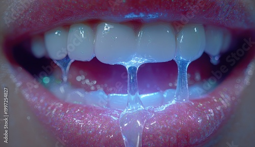 Close up of a mouth with glowing saliva under UV light.