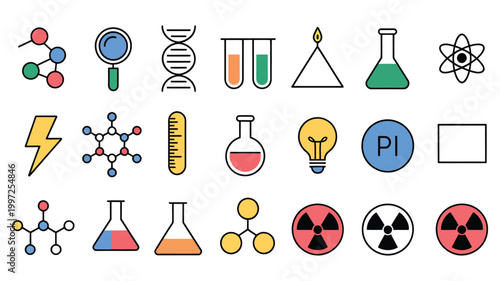 colorfull science doodle icon set for education and school use, showcasing chemistry equipment biology symbols math signs learning tools and creative hand drawn illustrations.