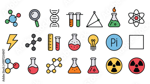 colorfull science doodle icon set for education and school use, showcasing chemistry equipment biology symbols math signs learning tools and creative hand drawn illustrations.