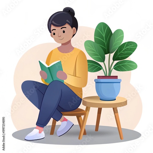 Reading book near indoor plant illustration