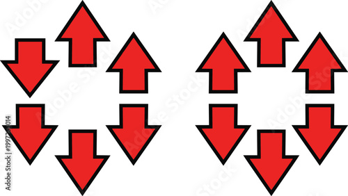 Red Arrow Icon Set with Up and Down Directions in Bold Flat Style Vector Illustration for Navigation, Indicators, UI Design, and Directional Symbols