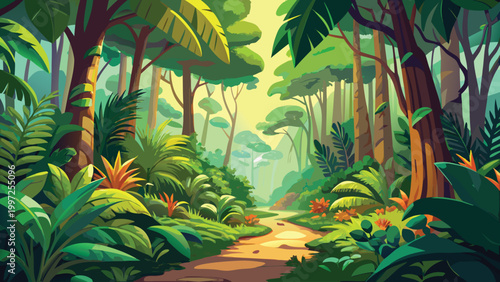 Beautiful tropical jungle forest with a dirt path leading through green trees and exotic plants under a bright sunny sky Vector