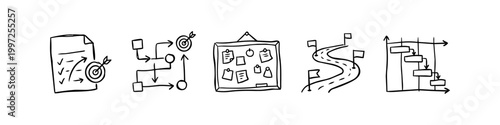 Set of hand-drawn business planning icons featuring a checklist, strategy flowchart, bulletin board, roadmap, and Gantt chart. Ideal for project management and organizational concepts.
