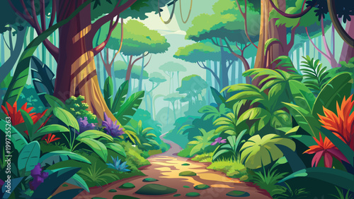 A beautiful lush green jungle forest landscape with a dirt path winding through colorful exotic plants and tall trees Vector