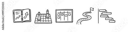 Hand-drawn business strategy and planning icons set featuring a roadmap, Gantt chart, Kanban board, chess strategy, and growth notebook. Minimalist doodle style on white background.