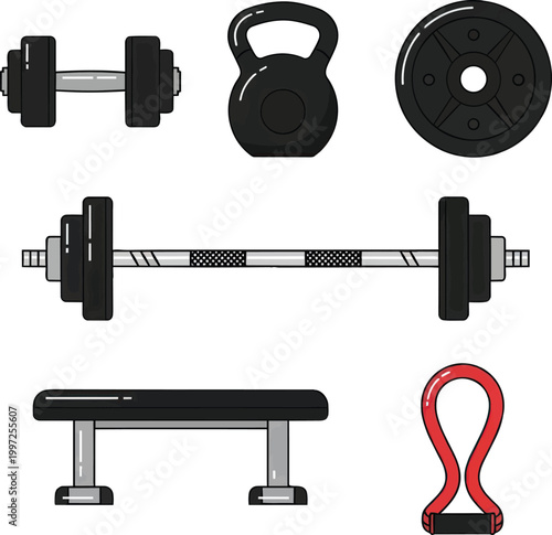 Professional gym equipment set including black metal dumbbells, heavy kettlebell, round weight plate, steel barbell, fitness bench and red resistance band