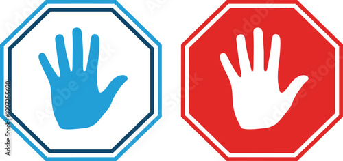 Stop Hand Sign Icon Set in Red and Blue Octagon Shape Vector Illustration for Warning, Prohibition, Safety Signs, and Traffic Control Design