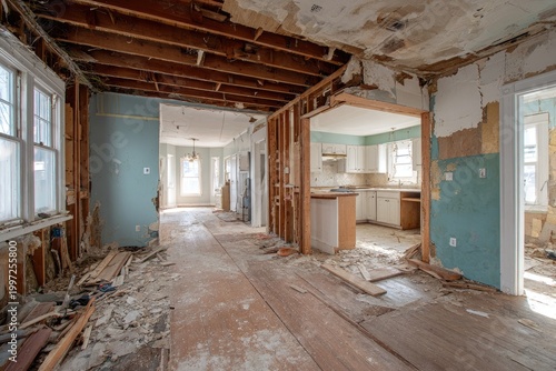 Interior view of a dilapidated house undergoing major renovation and demolition.