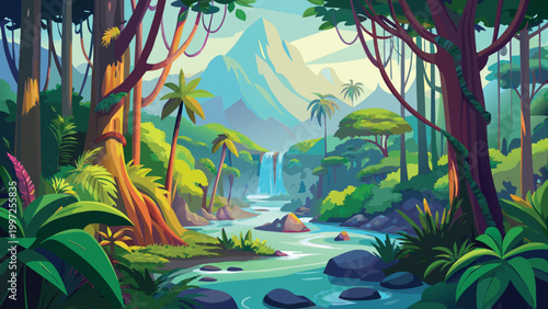 Beautiful tropical rainforest landscape with a flowing river and distant mountains in a lush green jungle environment Vector